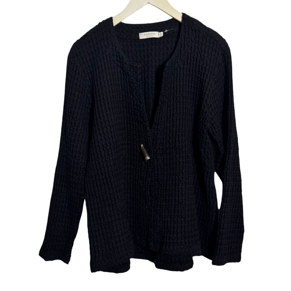Mododoc‎ Cardigan Women M Black 100% Cotton Waffle Lagenlook Minimal Modest Top